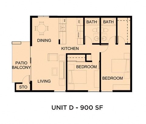 Floor plan for 2 beds, 2 baths, 900 sqft